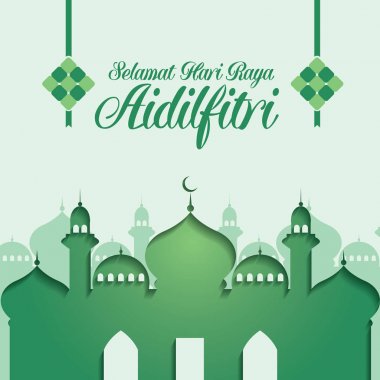 Geleneksel malay camii ile Selamat Hari Raya Aidilfitri vektör illüstrasyon. 