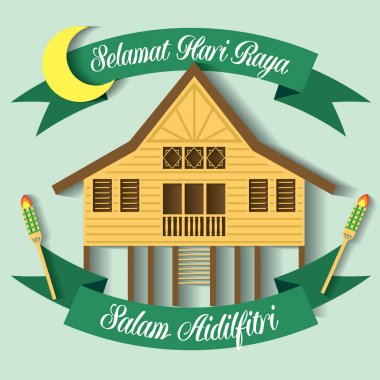 Geleneksel malay köy evi / Kampung ile Selamat Hari Raya Aidilfitri vektör illüstrasyon. 