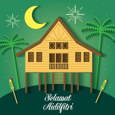 Geleneksel malay köy evi / Kampung ile Selamat Hari Raya Aidilfitri vektör illüstrasyon. 