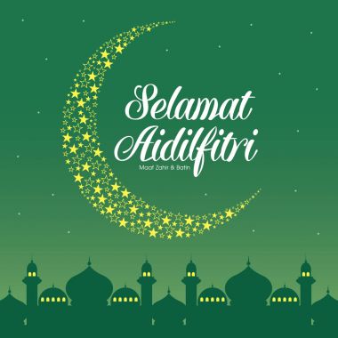 Geleneksel malay camii ile Selamat Hari Raya Aidilfitri vektör illüstrasyon. 