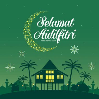 Geleneksel malay köy evi / Kampung ile Selamat Hari Raya Aidilfitri vektör illüstrasyon. 