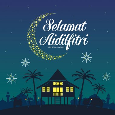 Geleneksel malay köy evi / Kampung ile Selamat Hari Raya Aidilfitri vektör illüstrasyon. 