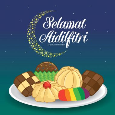 Selamat Hari Raya Aidilfitri vektör illüstrasyonu ile geleneksel Kuih Raya. 