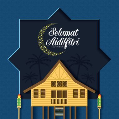 Geleneksel malay köy evi / Kampung ile Selamat Hari Raya Aidilfitri vektör illüstrasyon. 