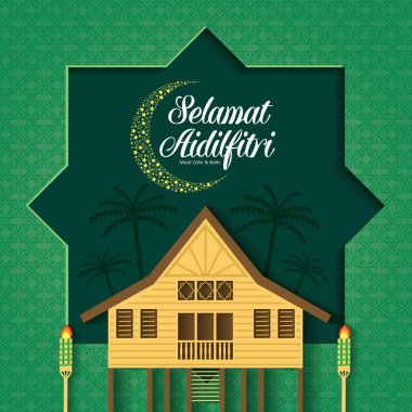 Geleneksel malay köy evi / Kampung ile Selamat Hari Raya Aidilfitri vektör illüstrasyon. 