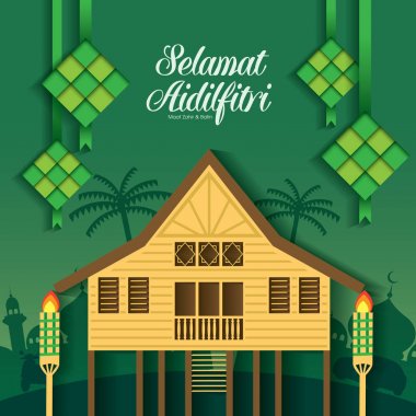 Selamat Hari Raya Aidilfitri vector illustration with traditional malay village house / Kampung.  clipart