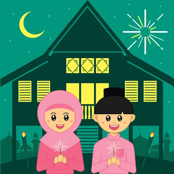 Hari Raya Aidilfitri ilustração vetorial. bonito muçulmano menino e menina com tradicional malaio aldeia casa / kampung . —  Vetores de Stock