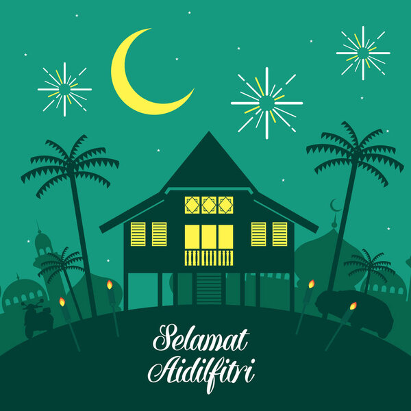 Hari Raya Aidilfitri vector illustration with traditional malay village house / Kampung. 