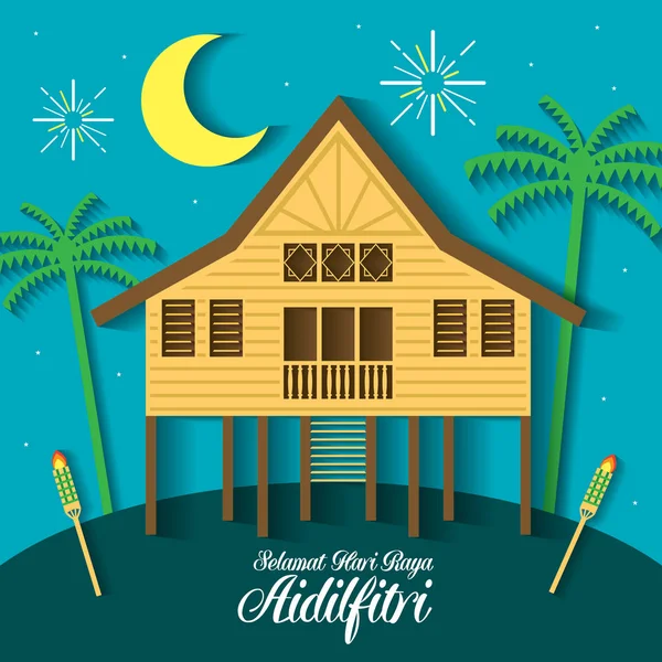 Selamat Hari Raya Aidilfitri ilustração vetorial com casa tradicional aldeia malaia / Kampung . — Vetor de Stock