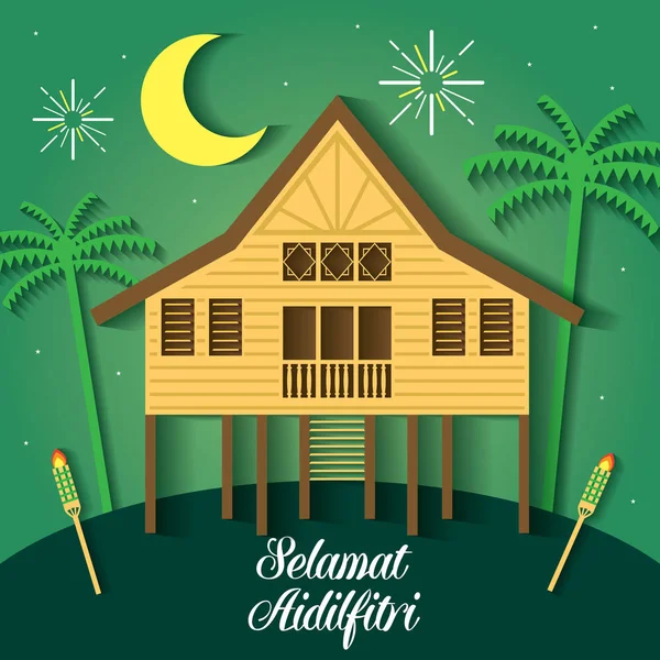 Selamat Hari Raya Aidilfitri ilustração vetorial com casa tradicional aldeia malaia / Kampung . — Vetor de Stock