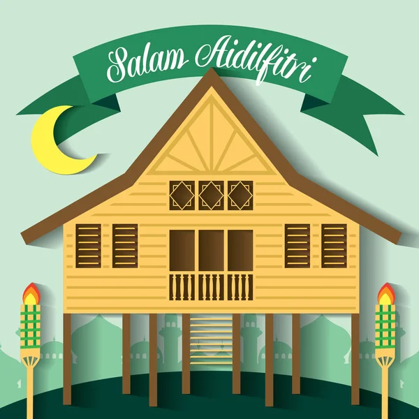 Illustration vectorielle Selamat Hari Raya Aidilfitri avec maison de village traditionnelle malaise / Kampung . — Image vectorielle