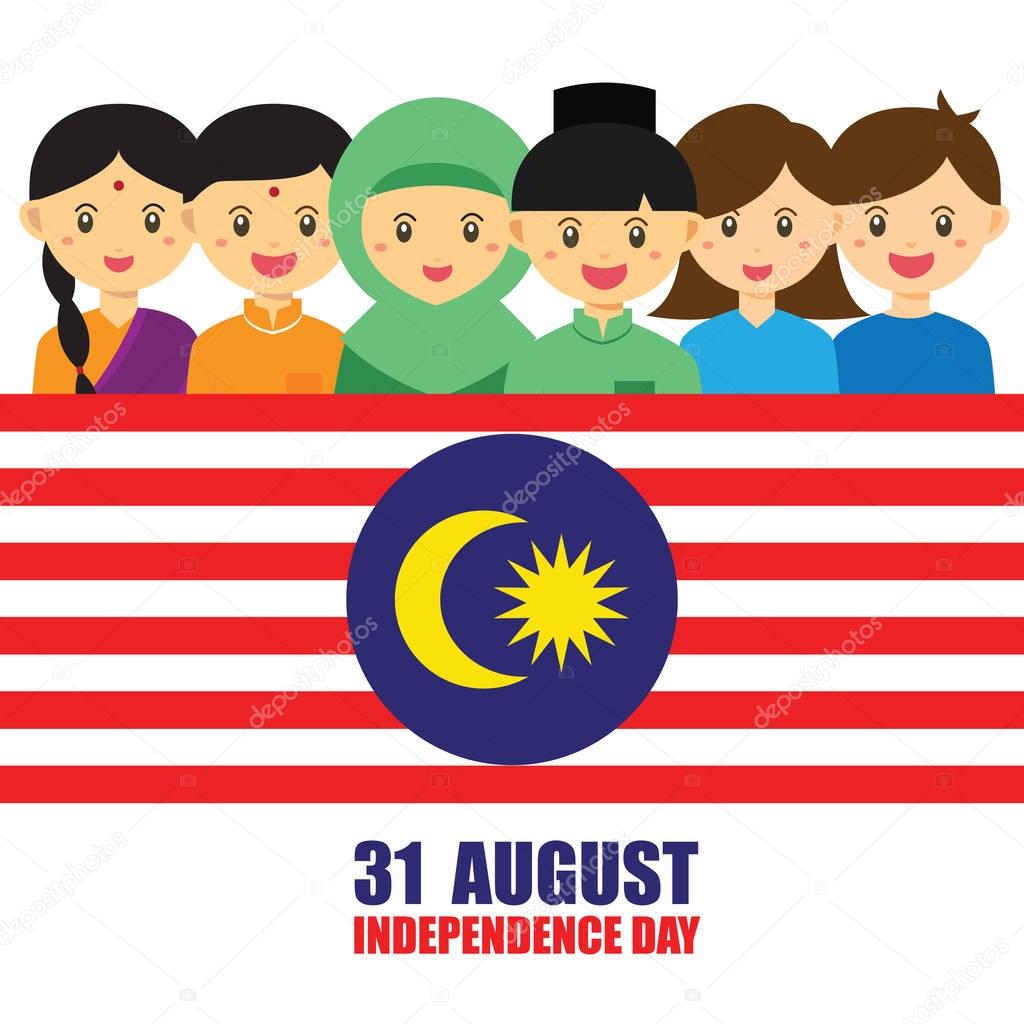 Malaysia National / Independence Day illustration. Cute cartoon character kids of Malay, Indian & Chinese hand in hand with Malaysia flag icon.