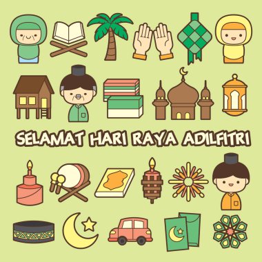 Hari Raya Aidilfitri ikonu, Müslüman ailesi, ahşap ev, inek, krepli ay, cami, pelita, havai fişek, araba, kuih, yağ lambası, ketupat (pirinç köftesi) desenli. (Çevirisi: Mutlu Oruç Günü)