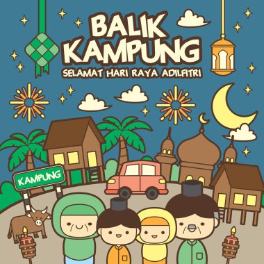 Balik Kampung / Hari Raya Aidilfitri kutlama sahnesi müslüman aile, ahşap ev, inek, kremli ay, cami, pelita, havai fişekler, araba ile kutlanıyor. (Tercüme: Eve Dönüş)