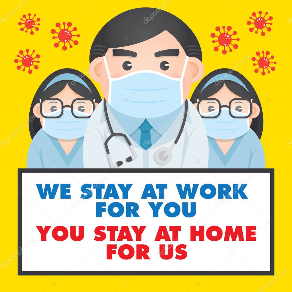 COVID-19 prevention promo poster design, with doctor and nurse wearing protective face masks.