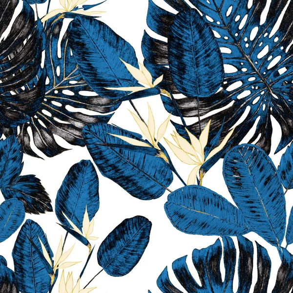 Mooi Naadloos Patroon Met Tropische Bladeren Bloemen Getekend Met Gekleurde — Stockfoto