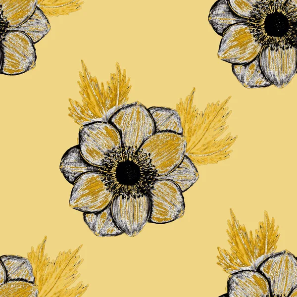Patrón Sin Costura Con Flores Dibujadas Mano Alcachofa Orquídea Algodón — Foto de Stock