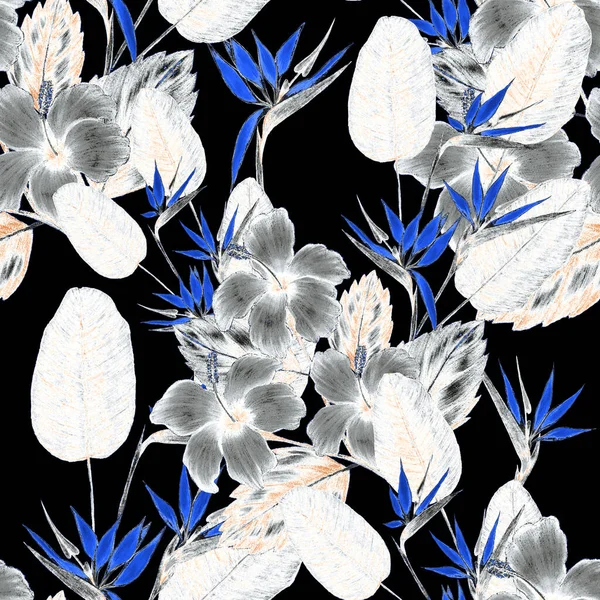 Belo Padrão Sem Costura Com Folhas Tropicais Flores Desenhadas Com — Fotografia de Stock