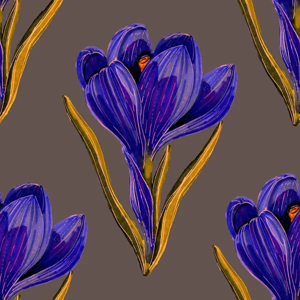 Seamless Pattern Hand Drawn Flowers Artichoke Orchid Cotton Poppy Tulip — Stock Photo, Image