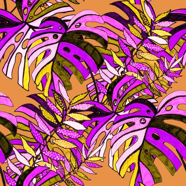 现代抽象无缝图案与创意五彩缤纷的热带叶设计 复古明亮的夏天背景 丛生叶图 泳衣的植物设计 老式异国情调印刷品 — 图库照片