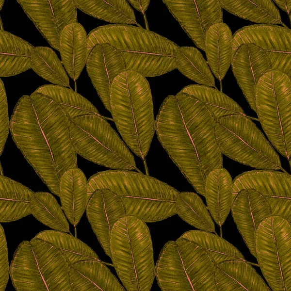 Beautiful Seamless Pattern Tropical Leaves Flowers Drawn Colored Pencils Retro — Stock Photo, Image