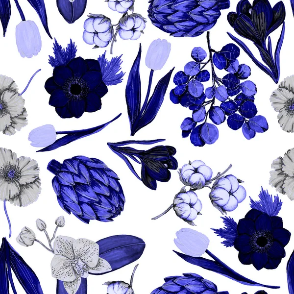 Seamless pattern with hand drawn flowers: artichoke, orchid, cotton, poppy, tulip, eucalyptus. Bright spring or summer print for any purposes. Decorative floral pattern. Colorful nature background.