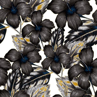 Renkli kalemlerle çizilmiş tropikal yaprakları ve çiçekleri olan güzel, pürüzsüz bir desen. Geçmişe dönük parlak yaz geçmişi. Orman yaprakları çizimi. Mayo botanik tasarımı. Antika egzotik baskı.