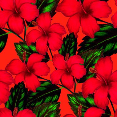 Renkli kalemlerle çizilmiş tropikal yaprakları ve çiçekleri olan güzel, pürüzsüz bir desen. Geçmişe dönük parlak yaz geçmişi. Orman yaprakları çizimi. Mayo botanik tasarımı. Antika egzotik baskı.