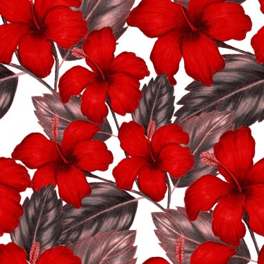 Renkli kalemlerle çizilmiş tropikal yaprakları ve çiçekleri olan güzel, pürüzsüz bir desen. Geçmişe dönük parlak yaz geçmişi. Orman yaprakları çizimi. Mayo botanik tasarımı. Antika egzotik baskı.