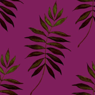 Tekstil tasarımı için suluboya tropikal yapraklara sahip modern soyut ve pürüzsüz desen. Geçmişe dönük parlak yaz geçmişi. Orman yaprakları çizimi. Mayo botanik tasarımı. Antika egzotik baskı.