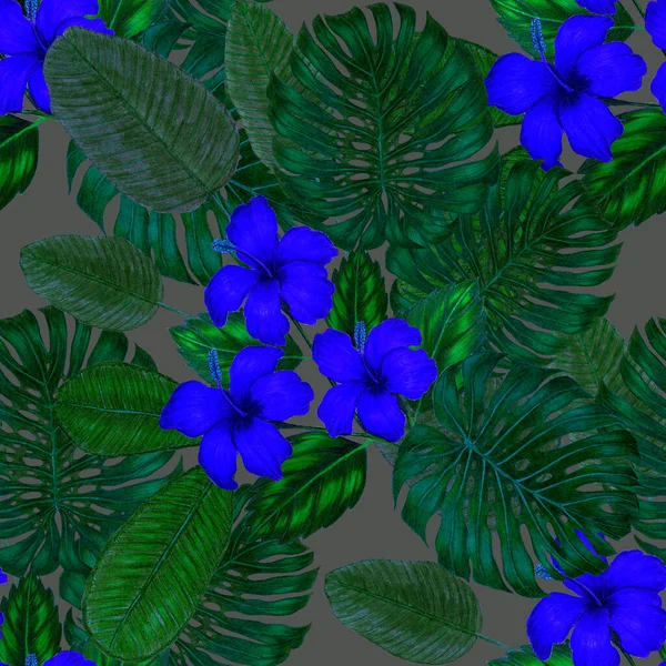 Bellissimo Modello Senza Soluzione Continuità Con Foglie Tropicali Fiori Disegnati — Foto Stock