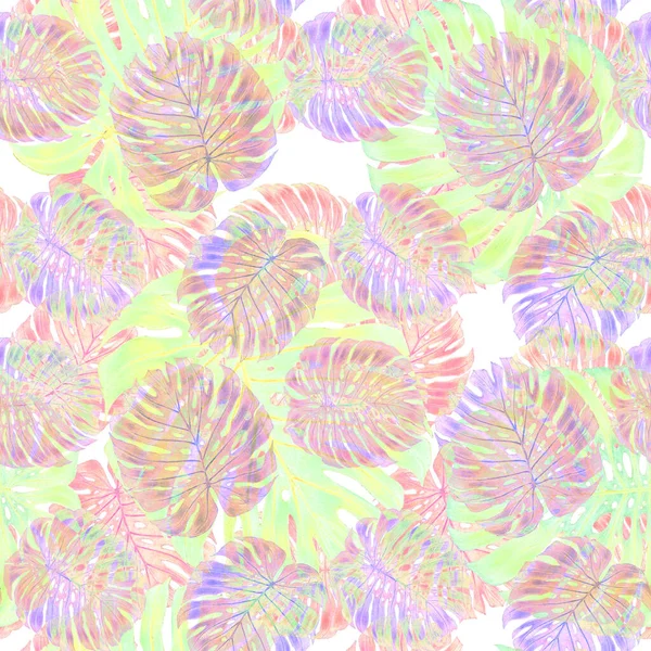 Beautiful Seamless Pattern Tropical Leaves Flowers Drawn Colored Pencils Retro — Stock Photo, Image