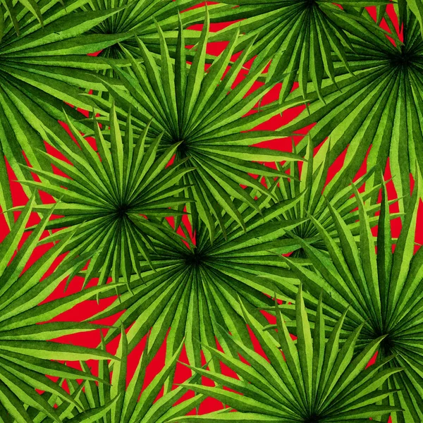 现代抽象无缝图案与水彩斑斓的热带树叶为纺织品设计 复古明亮的夏天背景 丛生叶图 泳衣的植物设计 老式异国情调印刷品 — 图库照片