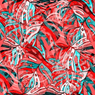 Tasarım için yaratıcı renkli tropikal yapraklara sahip modern soyut, pürüzsüz desen. Geçmişe dönük parlak yaz geçmişi. Orman yaprakları çizimi. Mayo botanik tasarımı. Antika egzotik baskı.