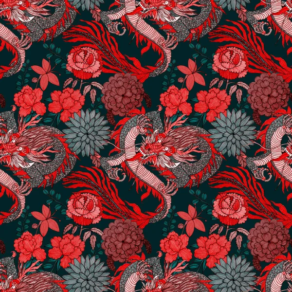 Kreatives Nahtloses Muster Mit Handgezeichneten Chinesischen Kunstelementen Drachen Laterne Fächer — Stockfoto