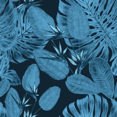 Renkli kalemlerle çizilmiş tropikal yaprakları ve çiçekleri olan güzel, pürüzsüz bir desen. Geçmişe dönük parlak yaz geçmişi. Orman yaprakları çizimi. Mayo botanik tasarımı. Antika egzotik baskı.