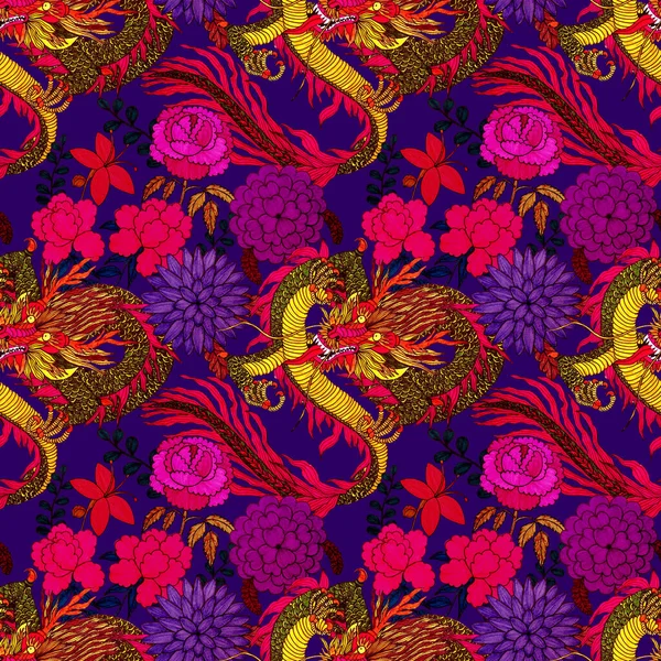 Creative seamless pattern with hand drawn chinese art elements: dragon, lantern, fan and flowers. Trendy print. Fantasy chinese dragon, great design for any purposes. Asian culture. Abstract art.