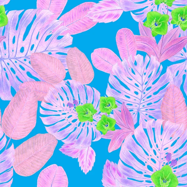 色鉛筆で描かれた熱帯の葉や花と美しいシームレスなパターン レトロな明るい夏の背景 ジャングルの葉のイラスト 水着植物デザイン ヴィンテージエキゾチックな Print — ストック写真