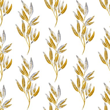 Yapraklı suluboya deseni. Herhangi bir amaç için parlak yaz ya da bahar baskısı. Renkli el çizimi çizimi. Klasik doğal model. Organik arkaplan.