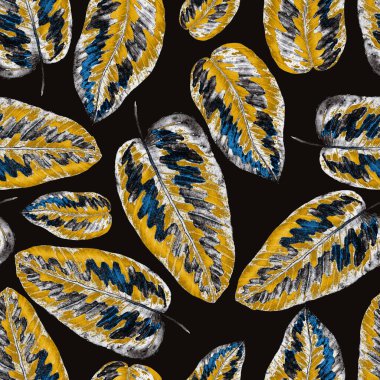 Tekstil tasarımı için suluboya tropikal yapraklara sahip modern soyut ve pürüzsüz desen. Geçmişe dönük parlak yaz geçmişi. Orman yaprakları çizimi. Mayo botanik tasarımı. Antika egzotik baskı.