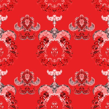 İpek kumaş tarzında yaratıcı, kusursuz desen. Eski, dikişsiz desen. Etnik süs, sınır çizgisi. Mozaik tarzda Damask vintage arkaplanı.