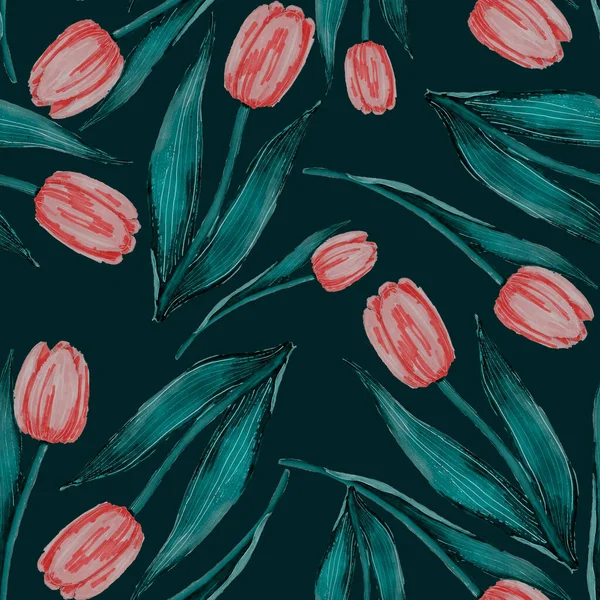 手描きの花とシームレスなパターン アーティチョーク チューリップ ユーカリ どんな目的のための明るい春または夏の印刷 装飾的な花のパターン カラフルな自然背景 — ストック写真