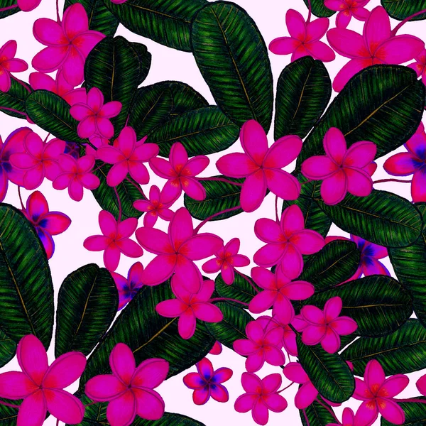 美丽的无缝图案 热带树叶 花朵用彩色铅笔画 复古明亮的夏天背景 丛生叶图 泳衣的植物设计 老式异国情调印刷品 — 图库照片