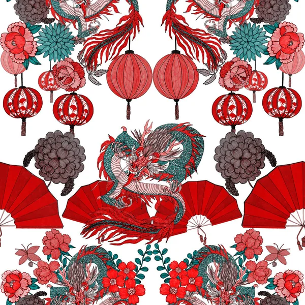 Δημιουργική Απρόσκοπτη Μοτίβο Ζωγραφισμένα Στο Χέρι Κινέζικα Στοιχεία Τέχνης Δράκος — Φωτογραφία Αρχείου