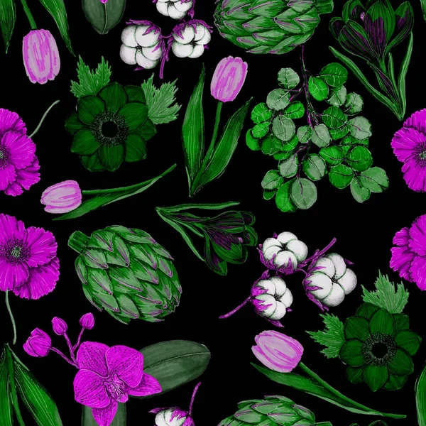 Seamless pattern with hand drawn flowers: artichoke, orchid, cotton, poppy, tulip, eucalyptus. Bright spring or summer print for any purposes. Decorative floral pattern. Colorful nature background.
