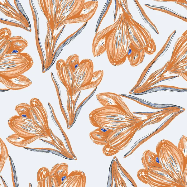 Seamless pattern with hand drawn flowers: artichoke, orchid, cotton, poppy, tulip, eucalyptus. Bright spring or summer print for any purposes. Decorative floral pattern. Colorful nature background.