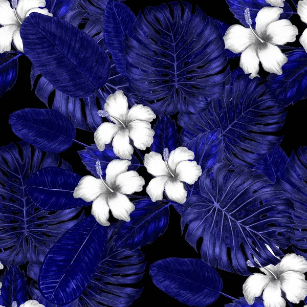 美丽的无缝图案 热带树叶 花朵用彩色铅笔画 复古明亮的夏天背景 丛生叶图 泳衣的植物设计 老式异国情调印刷品 — 图库照片