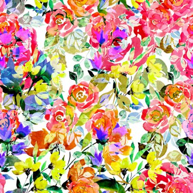 Çiçek buketli suluboya desenli. Klasik botanik çizimi. Her türlü tasarım için zarif bir dekorasyon. Renkli ve soyut çiçekli moda baskısı. Suluboya dokusu.