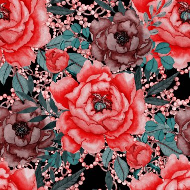 Çiçekler, yapraklar ve zincirlerle suluboya desenli, her amaçla yapılmış harika bir tasarım. Zarif çiçek desenli. Klasik yaz ya da bahar yüzey tasarımı. Moda tekstil dekorasyonu.