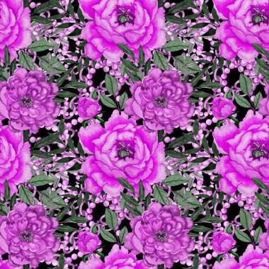 Çiçekler, yapraklar ve zincirlerle suluboya desenli, her amaçla yapılmış harika bir tasarım. Zarif çiçek desenli. Klasik yaz ya da bahar yüzey tasarımı. Moda tekstil dekorasyonu.